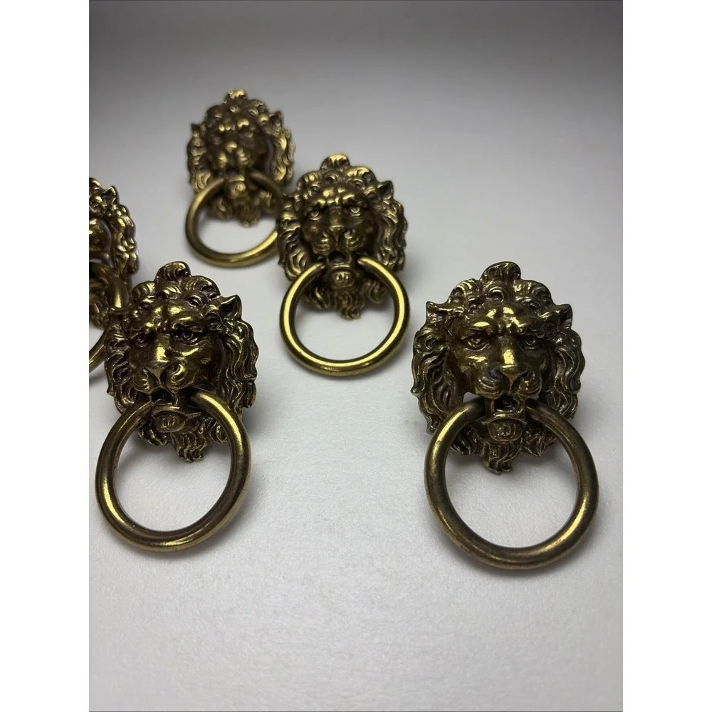 Set of 6 Solid Brass Lion Head Drawer Pulls Ring Handles Cabinet Hardware VNTG